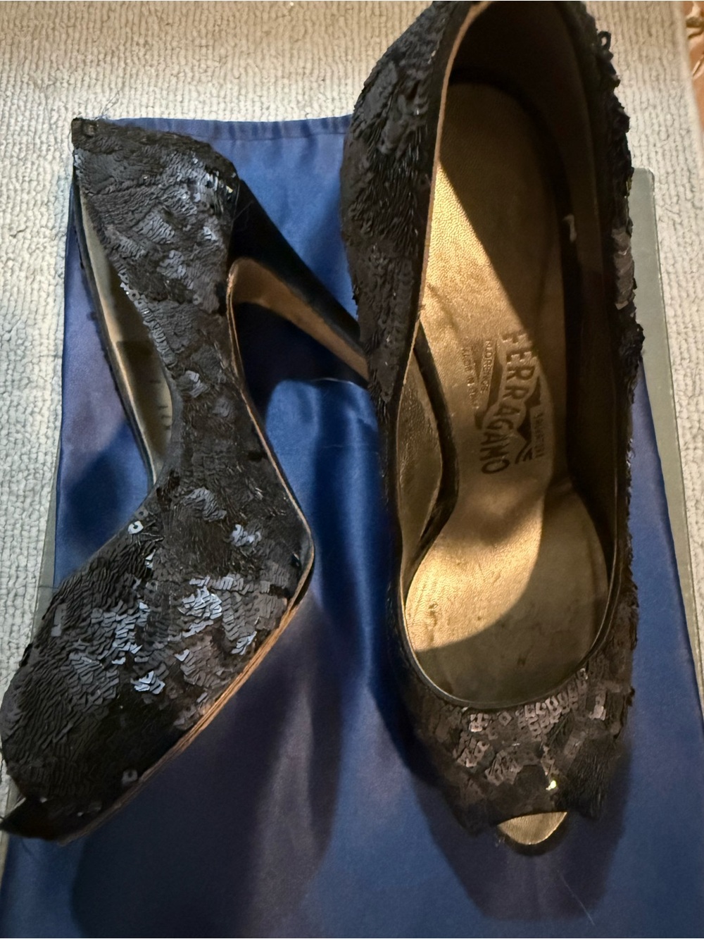 Salvatore Ferragamo Black Sequin Peep-Toe Heels